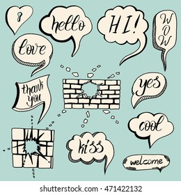 Hand drawn set of speech bubbles with dialog words: Hello, Love, Wow, Yes Hi. Vector illustration.