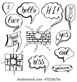 Hand drawn set of speech bubbles with dialog words: Hello, Love, Wow, Yes Hi. Vector illustration.