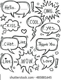 Hand drawn set of speech bubbles with dialog words: Hello, Love, OMG,chat, like, thank you, cool. Vector illustration.