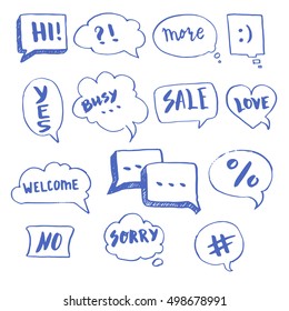 Hand drawn set of speech bubbles with dialog words: Yes, Love, Welcome, Hi, Sorry, No, Busy, More, Sale. Vector illustration.