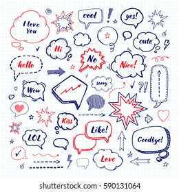 Hand drawn set of speech bubbles. Vector illustration. Handcrafted elements.