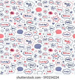 Hand drawn set of speech bubbles with dialog words: Hi, Love, Sorry, Welcome, Bye. Vector seamless pattern. Endless abstract background.