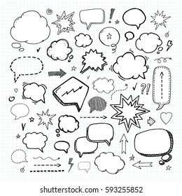 Hand drawn set of speech bubbles. Vector illustration. Handcrafted elements.