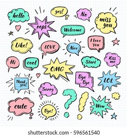 Hand drawn set of speech bubbles with dialog words: Hi, Love, Sorry, Welcome. Isolated on white background.