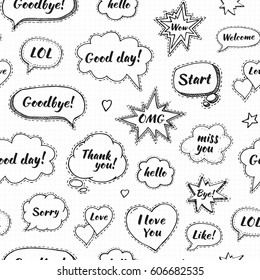 Hand drawn set of speech bubbles with dialog words: Hello, Love, Sorry, Welcome, Bye. Vector seamless pattern. Endless abstract background.