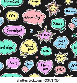 Hand drawn set of speech bubbles with dialog words: Hi, Love, Sorry, Welcome, Bye. Vector seamless pattern. Stickers on black background