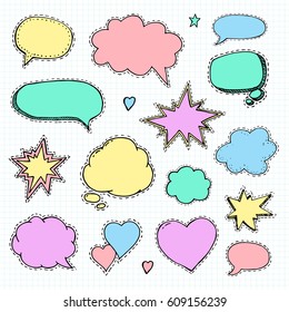 Hand drawn set of speech bubbles.  Vector illustration for stickers.