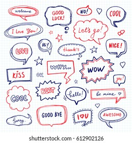 Hand drawn set of speech bubbles with dialog words: Hello, Sorry, Welcome. School style