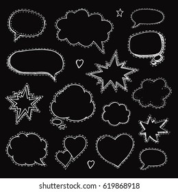 Hand drawn set of speech bubbles on black background.