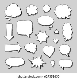 Hand drawn set of speech bubbles. Vector illustration for stickers