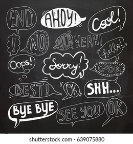 Hand drawn set of speech bubbles with handwritten text: Bye Bye,Sorry, See You, Oops, Best, Yeah, Good, Cool, Ahoy, End, Ok, Hello, No,Yes,Ouch