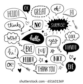 Hand drawn set of speech bubbles with dialog words: Hello, Love, Bye, Hi, Thank you, Sale, Yes, No, I love you, Nice, Cool. Vector doodle illustration.