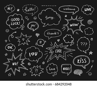 Hand drawn set of speech bubbles with dialog words: Hi, Love, Sorry, Welcome. White print on black background