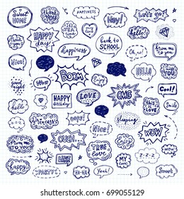 Hand drawn set of speech bubbles. Vector illustration over squared notebook sheet