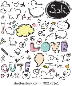 Hand drawn set of speech bubbles and arrows with dialog words: Sale, Love, Cute, Vector illustration.