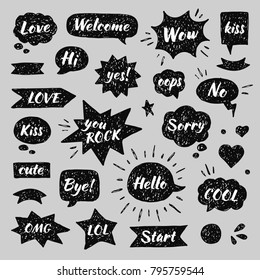 Hand drawn set of speech bubbles with dialog words: Hello, Hi, Sorry, Welcome, Bye, No, Yes