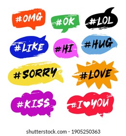 Hand drawn set of speech colorful bubbles with handwritten short phrases omg, ok, lol, like, hi, hug, sorry, love, kiss, i love you. Vector illustration on white background.