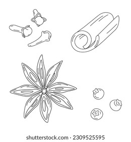 Handgezeichnete Gewürze für Glühwein. Zimtstangen, Nelken, Sternanis und Alleskönner. Line Art. Isolat. Design für Poster, Banner, Broschüren oder Karten, Gruß, Tag oder Web, Preis. Vektorgrafik. EPS
