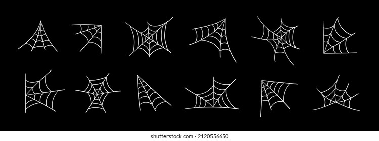 Handgezeichneter Spinnennetz einzeln auf dunklem Hintergrund. Halloween Cobweb, gruselige Design-Elemente. Rahmenvektorgrafik.