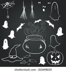 Hand drawn set with spooky cartoon ghost, bat, Jack-o'-lantern, cauldron boiling the potion, witch hat, spider, herbs and candies. Halloween doodle elements on chalkboard background.