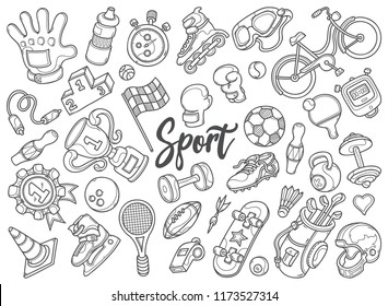 Hand drawn set of Sport doodles in vector, in this image contains everything related to sports equipment.