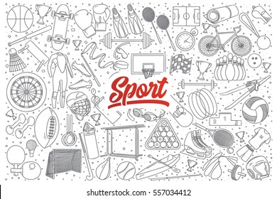 Hand drawn set of sport doodles with red lettering in vector