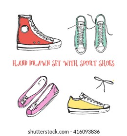 Hand drawn set with sport shoes: red sneakers, pink flat shoes, blue sport shoes, upper view, front view, bow or shoelace. Vector stock illustration for shoe shop.