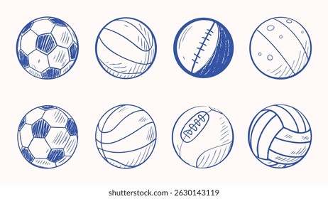 Conjunto desenhado à mão de bolas de esporte futebol de basquete de beisebol e muito mais para marca atlética