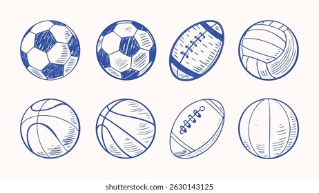 Hand Drawn Set of Sports Balls Baseball Basketball Soccer Football Volleyball and More for Athletic Brand Designs
