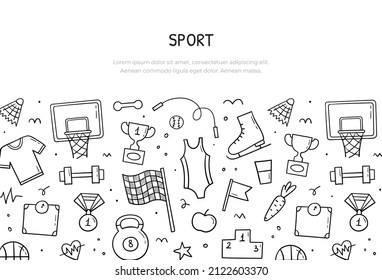 Hand drawn set of Sports objects and elements. Banner template horizontal. Collection fitness signs and symbols. Doodle sketch style. Vector illustration.