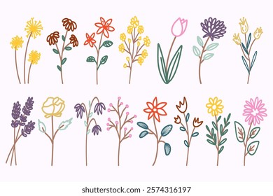 hand drawn set of spring wildflowers
