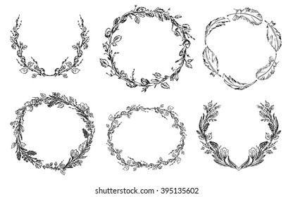 Hand drawn set of spring wreaths. Spring flowers with hyacinth and crocus, willow branches and leaves and feathers frames. Design elements for cards and prints.