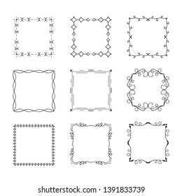 Hand drawn set of square elegant frames and wedding flourish borders. Vector isolated calligraphic design elements. Vintage break.