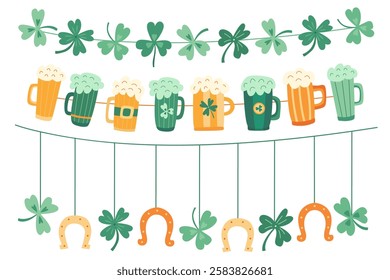 Hand drawn set of St. Patrick’s Day garlands with beer mugs, shamrocks, and horseshoes. Great for party decorations, greeting cards, posters, and invitations