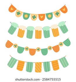 Hand drawn set of St. Patrick’s Day garlands with shamrocks, beer mugs, gold coins, and festive banners. Great for party decorations, greeting cards, posters, and invitations