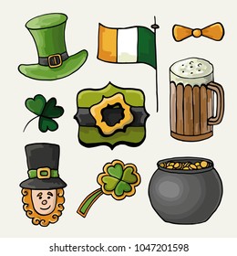 Hand drawn set of St. Patrick's Day colored elements. Happy Saint Patrick  Day symbols. Isolated on white background.