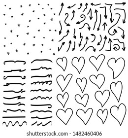 Hand Drawn Set With Stars , Arrows , Underlines And Hearts Vector
