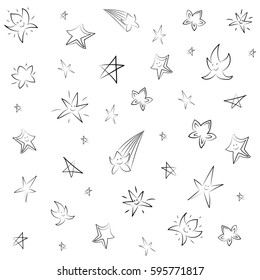 Hand Drawn Set of Stars. Children Drawings of Funny Stars. Sketch Style. Vector Illustration.