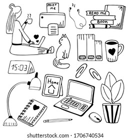 Hand drawn set of stay at home elements. Work and study at home. Sketch vector illustration. Girl, laptop, cat, plant, lamp, books and other.