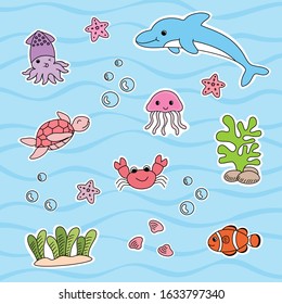 Hand drawn set of sticker marine life in cartoon style, vector illustration