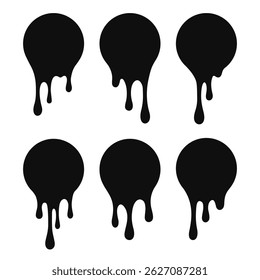 Hand drawn set of stickers melted, flowing with drops of chocolate glaze, milk, ice cream, gelato, syrup. Outline, silhouette of dripping drop from cake, dessert, isolated on white background. EPS10