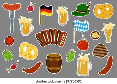 Hand drawn set of stickers for Oktoberfest. Drawn style. Vector illustration.