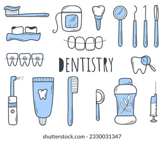 Conjunto de estomatología e higiene bucal dibujado a mano. Iconos de doodle de color de la dentición. Estética, tratamiento, prevención, extracción e implantación del concepto de dientes, ilustración vectorial