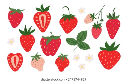 Hand drawn set of strawberries. Berries, flowers and leaves of strawberries. Vector illustration.