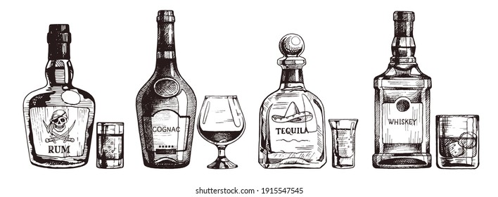 Hand drawn set of strong alcoholic drinks. Bottle of rum, cognac, tequila, scotch whiskey. Vector beverage illustration, ink sketch