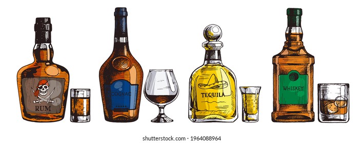 Hand drawn set of strong alcoholic drinks. Bottle of rum, cognac, tequila, scotch whiskey. Vector beverage illustration, sketch