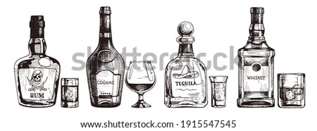 Hand drawn set of strong alcoholic drinks. Bottle of rum, cognac, tequila, scotch whiskey. Vector beverage illustration, ink sketch