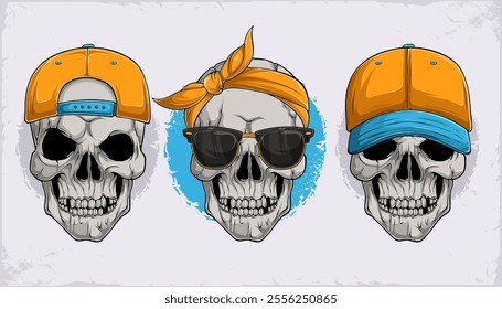 Hand drawn set of stylish human skull heads with yellow hats and bandana wearing black sun glasses