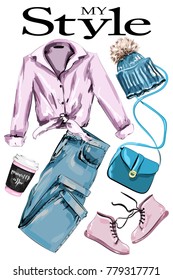 Hand drawn set: stylish outfit with shirt, shoes, knitted hat, jeans, bag and coffee cup. Fashion clothes. Sketch.