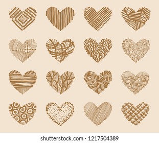 Hand drawn set with stylized hearts. Vector illustration. 